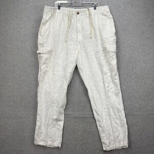 Caribbean‎ Pants Mens 44x32 White Linen Cargo Drawstring Elastic Stretch Lounge